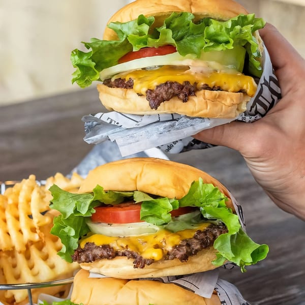 A hand holds a Burbowl cheeseburger with lettuce, tomato, and onion, above another burger and waffle fries.