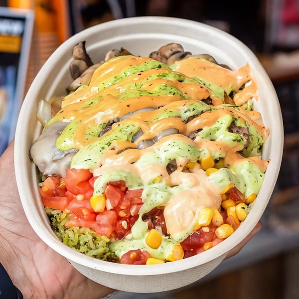 A close-up of a Burbowl burger bowl with various toppings and two sauces.