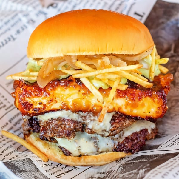A Burbowl burger with two patties, melted cheese, caramelized onions, fries, and sauce.