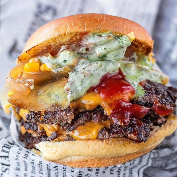 Close-up of a Burbowl burger with two patties, melted cheese, corn, onions, ketchup, and green sauce.