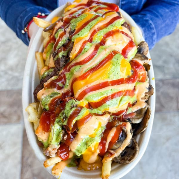 Hands holding a large bowl of loaded fries topped with colorful sauces, cheese, and meat.